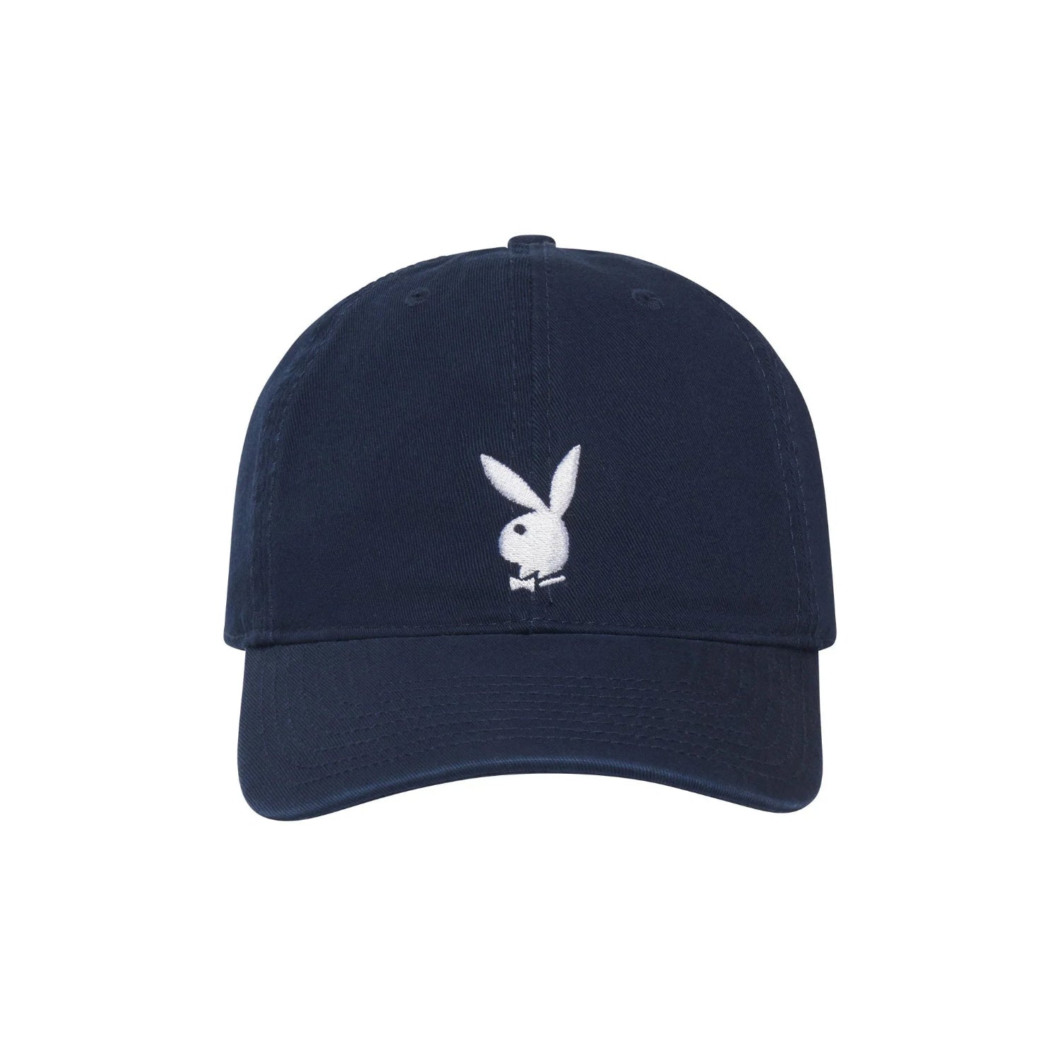 Navy adjustable hat with embroidered white rabbit head logo on front