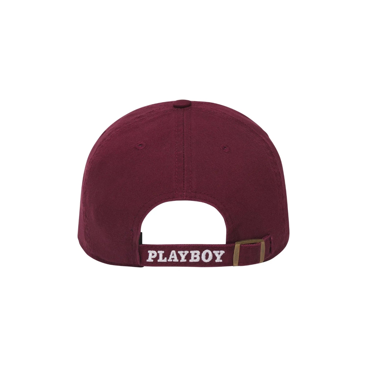 Back view of adjustable burgundy hat with white PLAYBOY text embroidered on strap