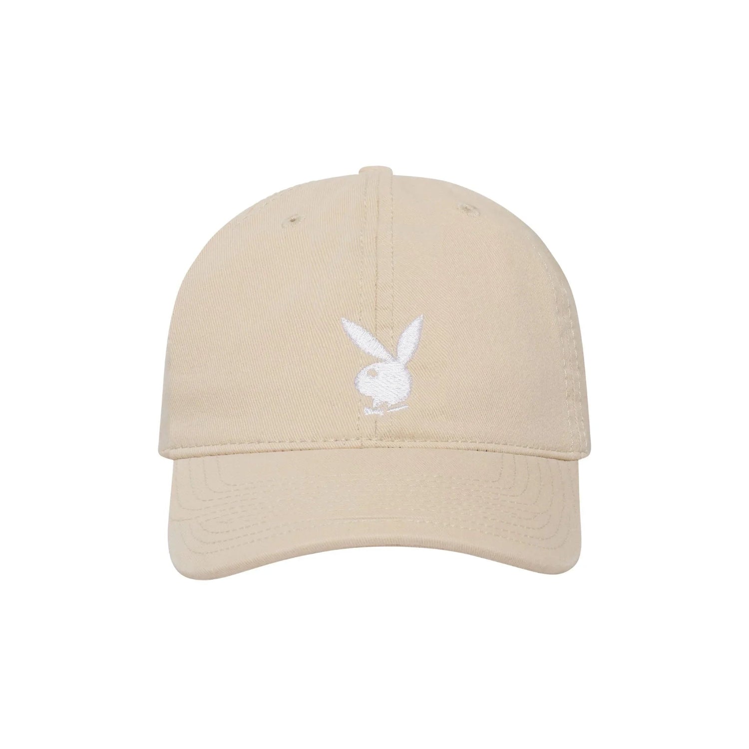 Beige adjustable baseball cap with white embroidered rabbit head logo on the front.