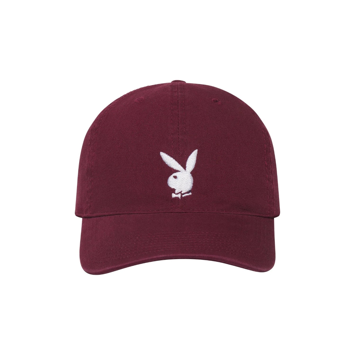 Burgundy adjustable baseball cap with white rabbit head logo on front