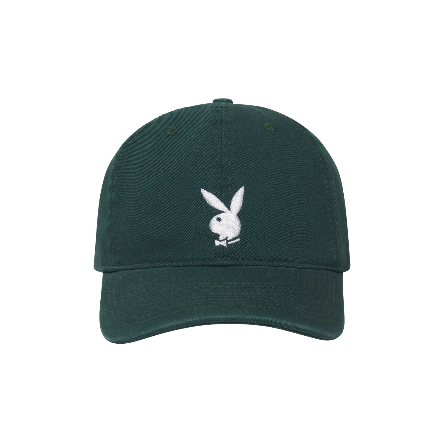 Dark green adjustable baseball cap with white embroidered rabbit head logo on front