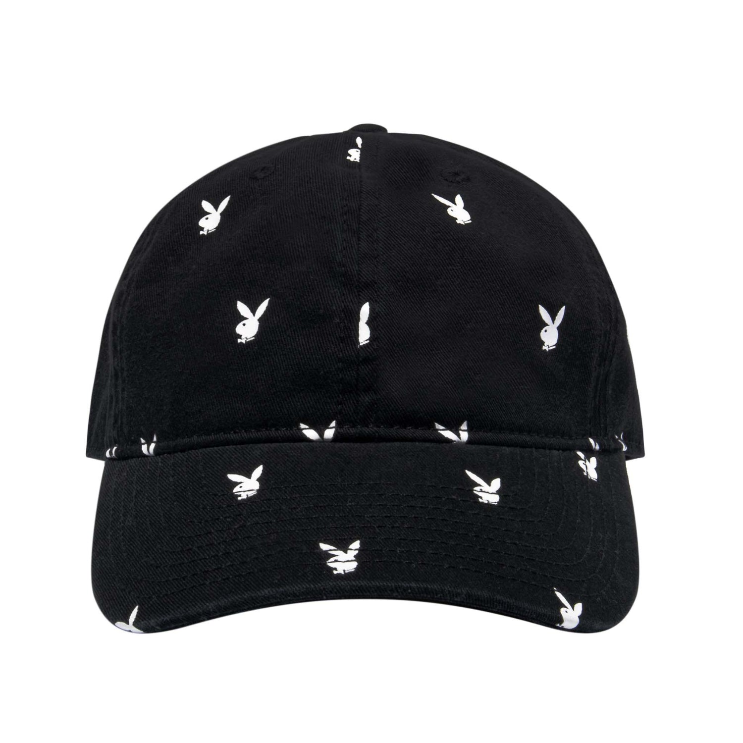 Black baseball cap with all-over white rabbit head logo print, streetwear accessory