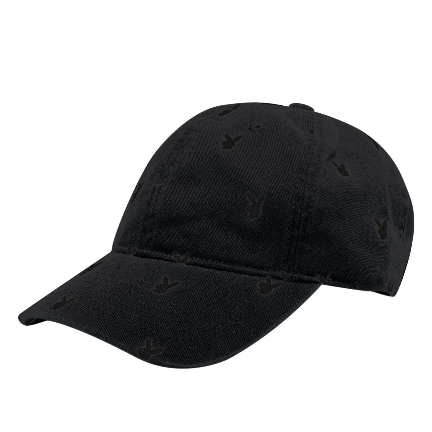 Black baseball cap with all-over tonal rabbit head print, curved brim, unisex streetwear accessory
