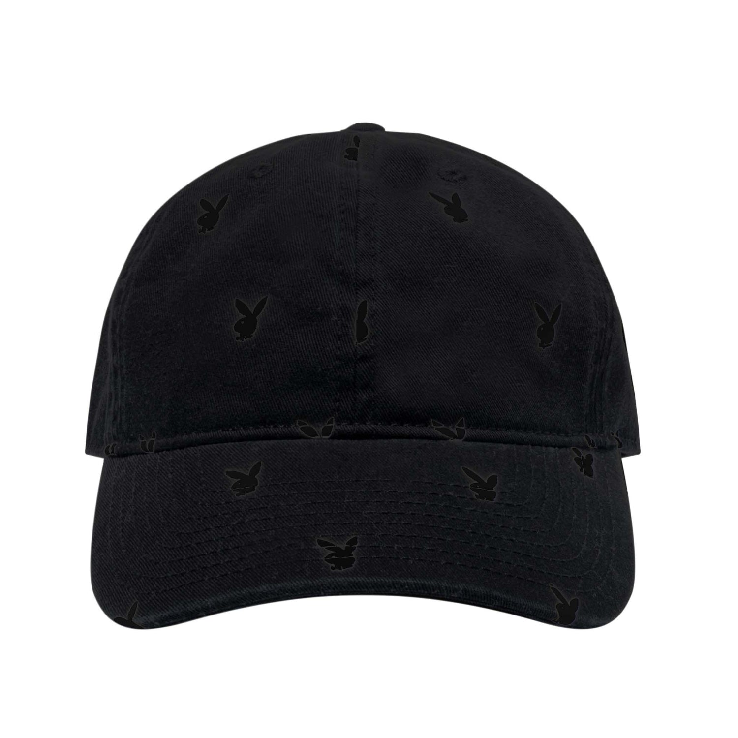 Black baseball cap with all-over rabbit head embroidery, streetwear accessory