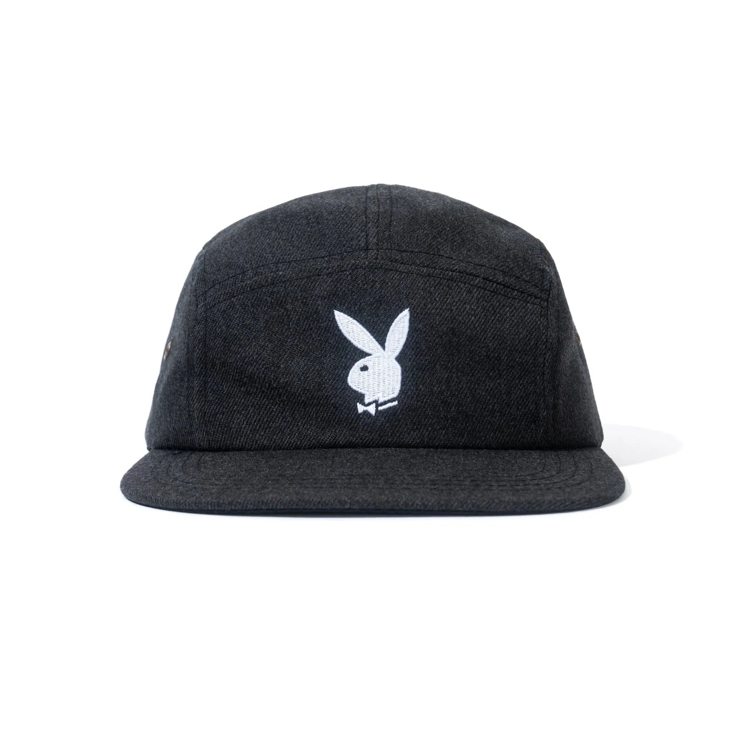 Black 5-panel twill hat with embroidered white bunny logo on front, flat brim, unstructured fit