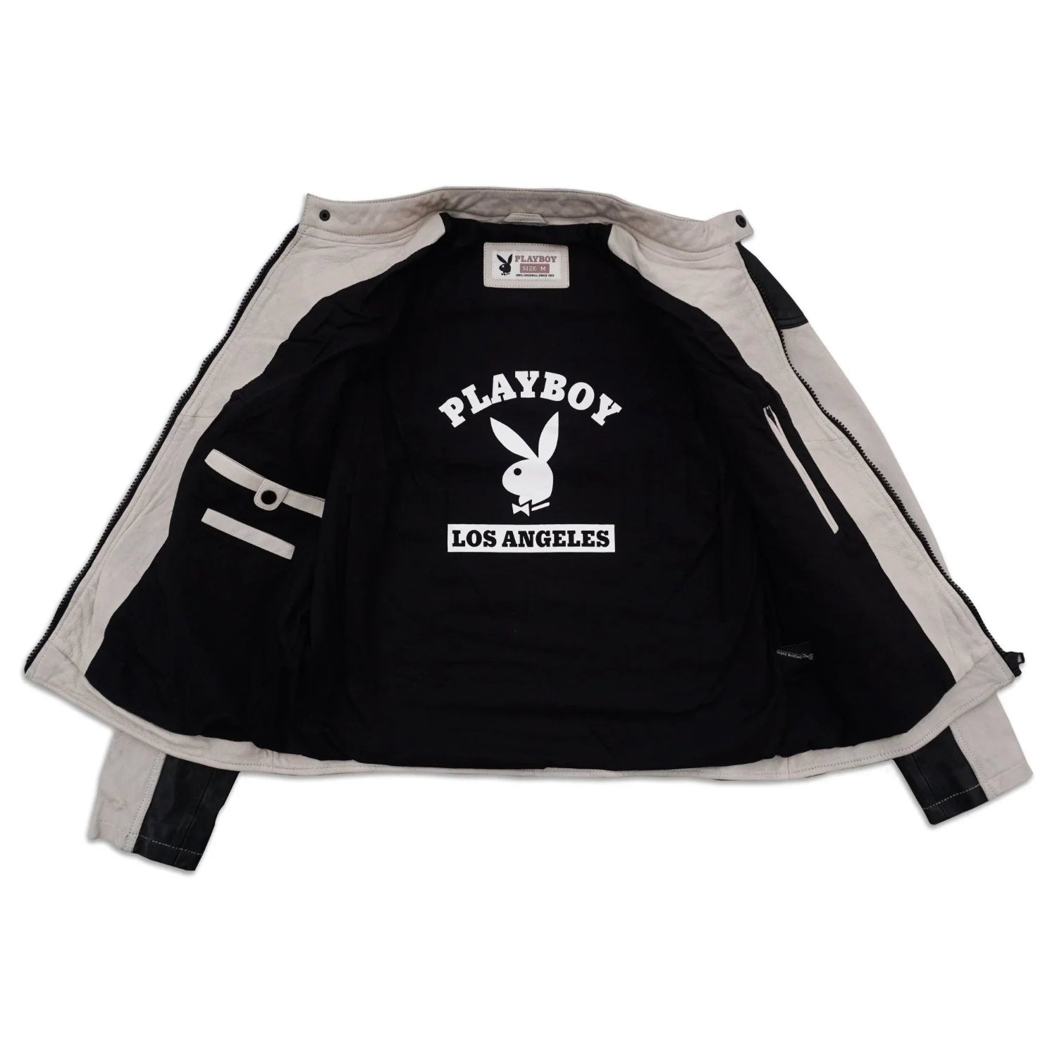 Open men's leather jacket showing PLAYBOY LOS ANGELES bunny logo on black inner lining.