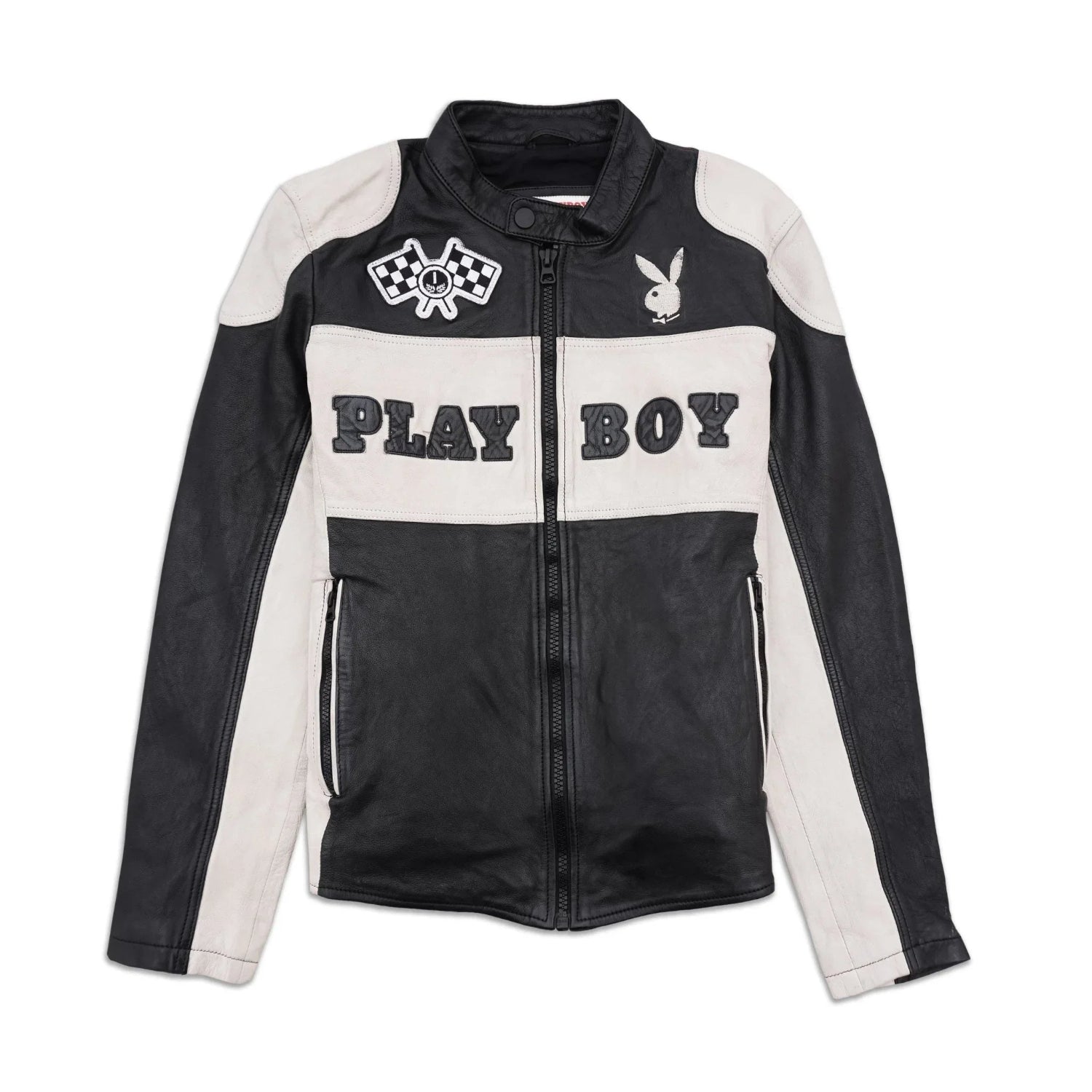 Men's black and white leather jacket with text and bunny patch, racing-inspired design