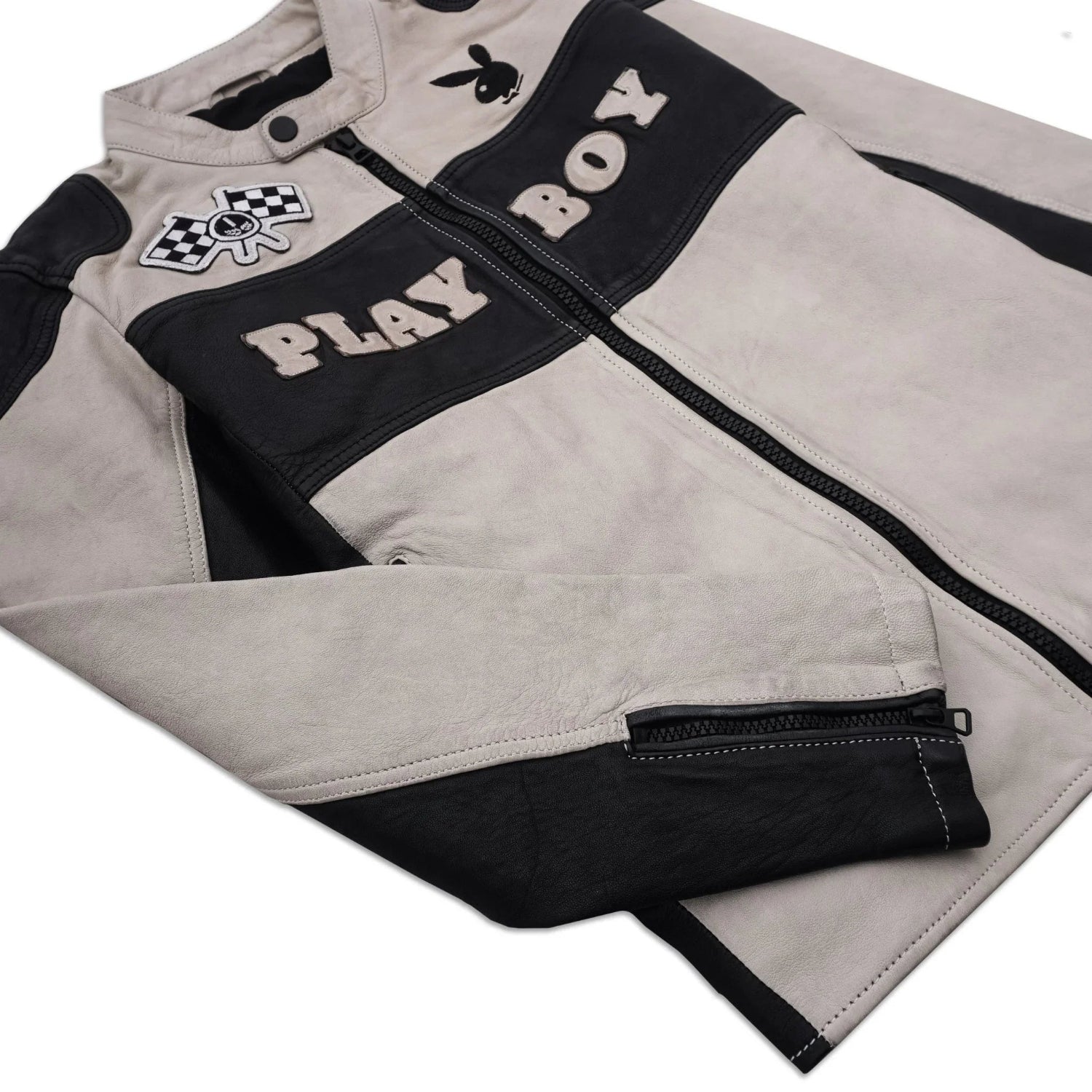 Men’s two-tone leather jacket with PLAY BOY text, racing patch, and front zipper detail