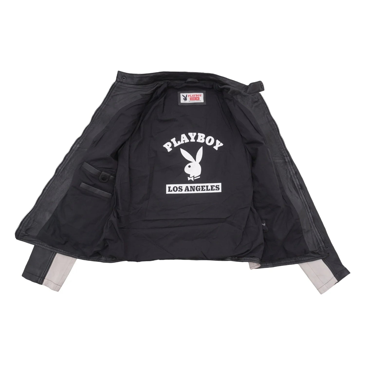Open men's black leather jacket showing interior with white rabbit logo and Los Angeles text