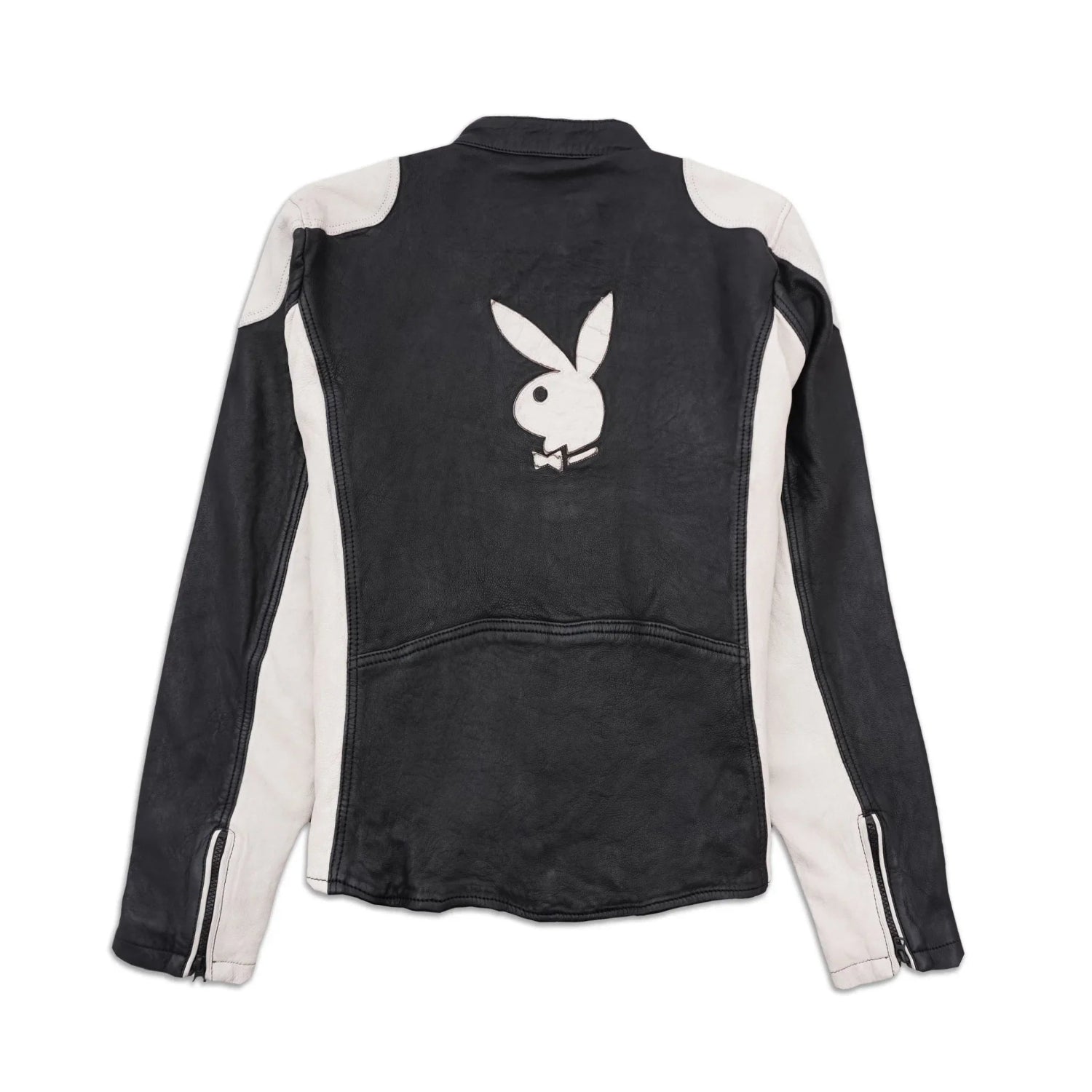 Black and white men's leather jacket with large rabbit logo on back.