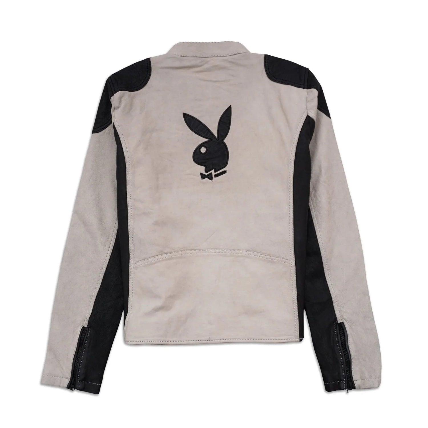Men's beige and black leather jacket with bunny graphic on the back and zippered sleeves