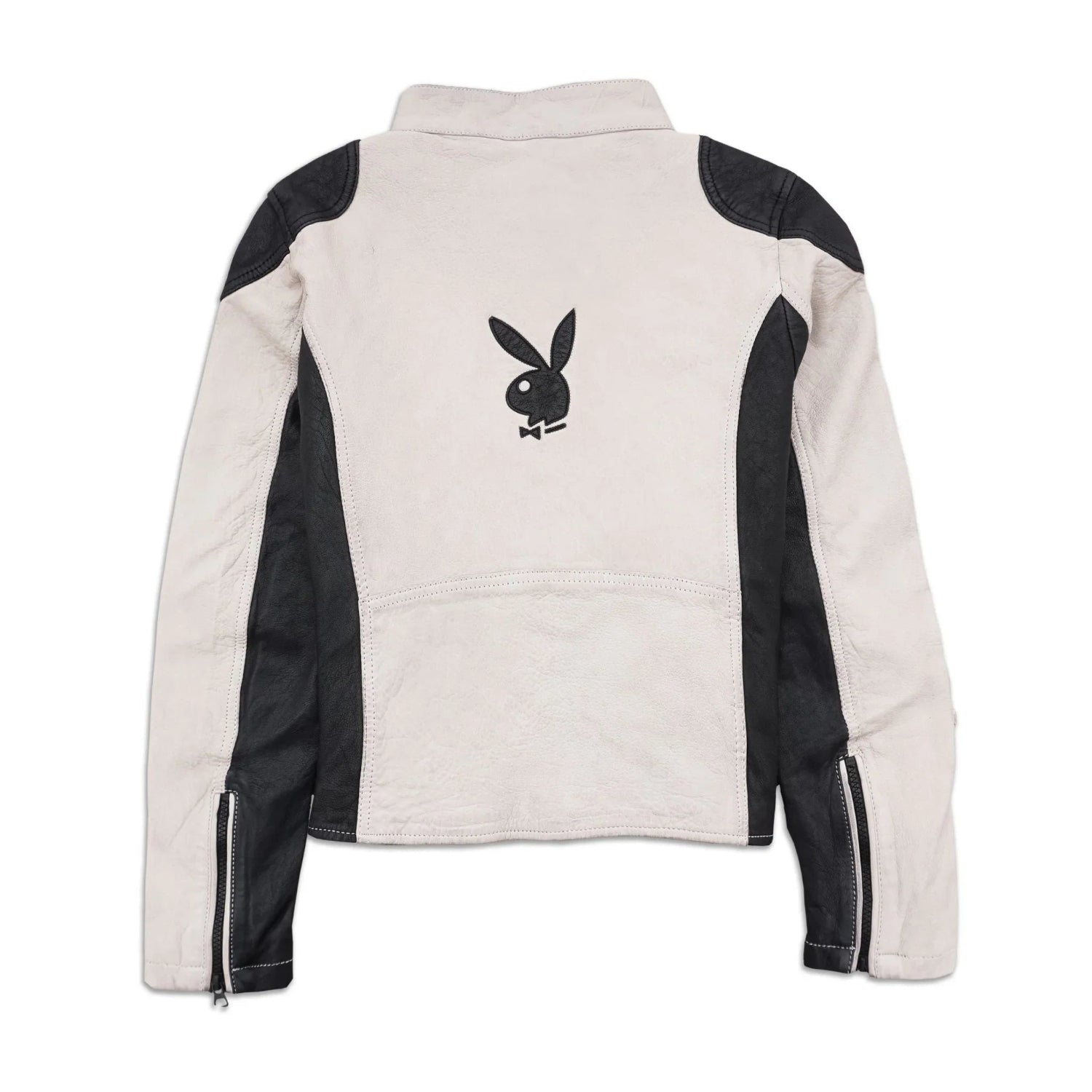 Women's two-tone leather jacket with black bunny logo on back, contrast sleeves, front view