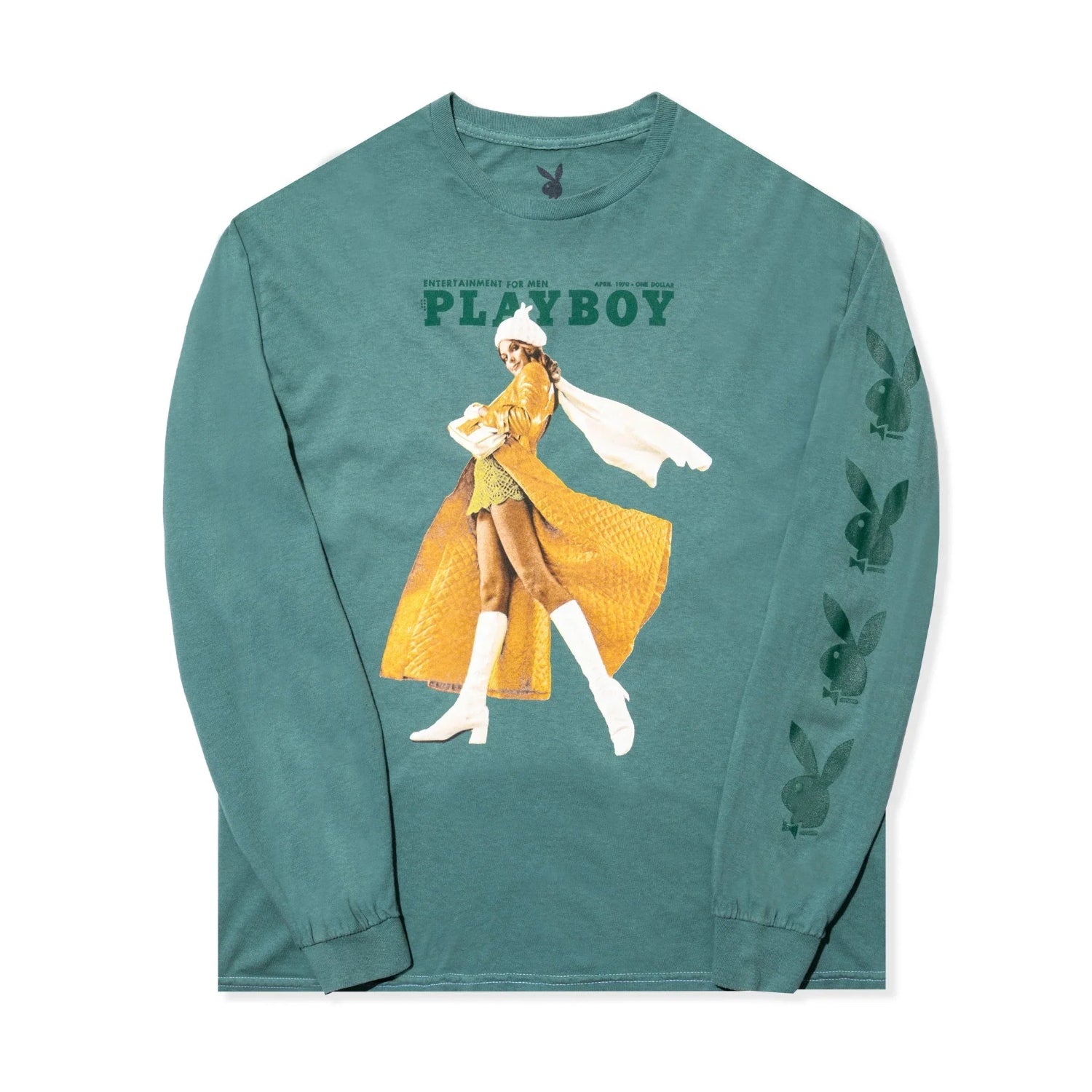 Teal long sleeve shirt with retro magazine cover graphic, woman in yellow coat, and bunny logos on sleeve.