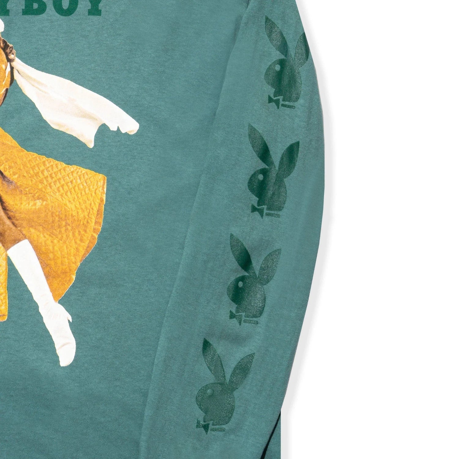 Green long sleeve graphic t-shirt with retro cover print and repeating bunny logos on sleeve