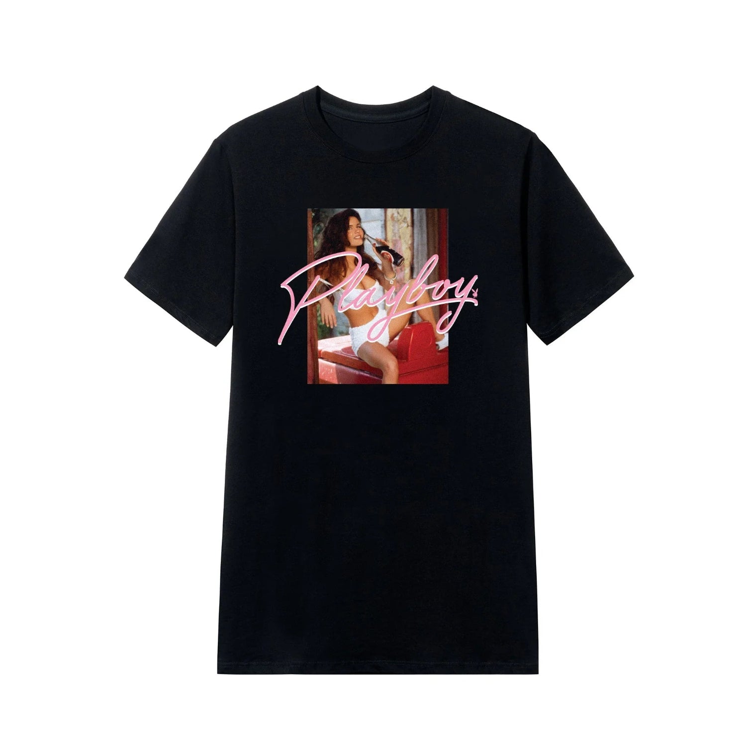 Black graphic tee with vintage-style photo print, woman lounging, pink script logo, casual wear