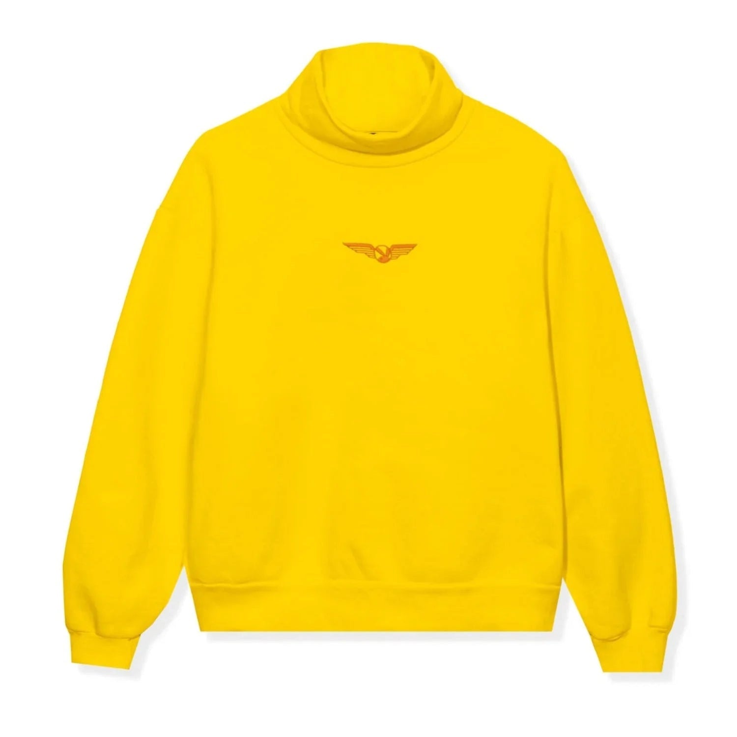 Yellow high neck sweatshirt with red aviation wings logo on the chest, isolated on white.