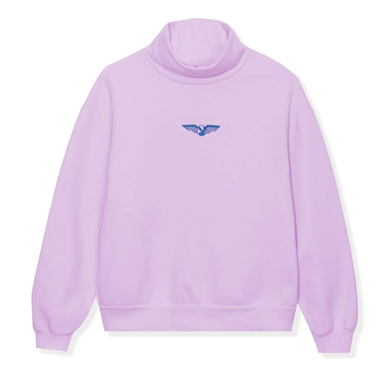 Lavender high neck sweatshirt with blue aviation wings logo on chest