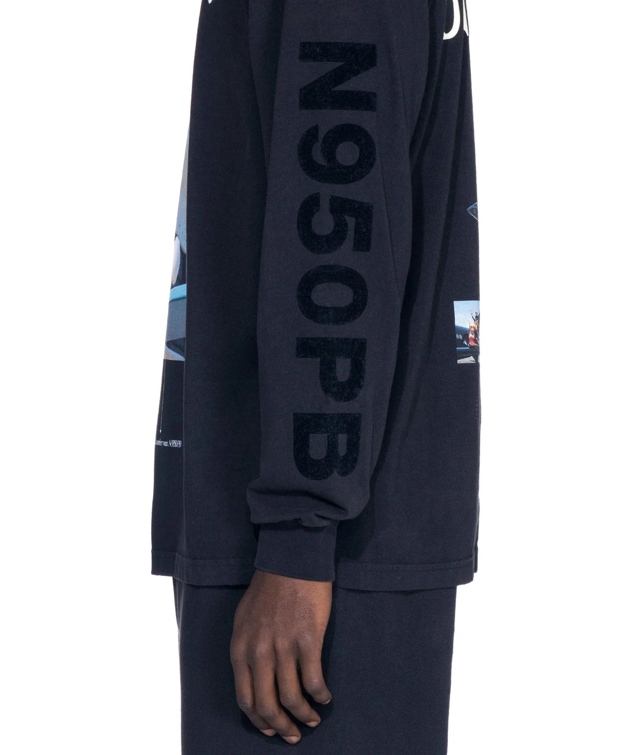 Black long sleeve t-shirt with N950PB text and aviation graphic on sleeve