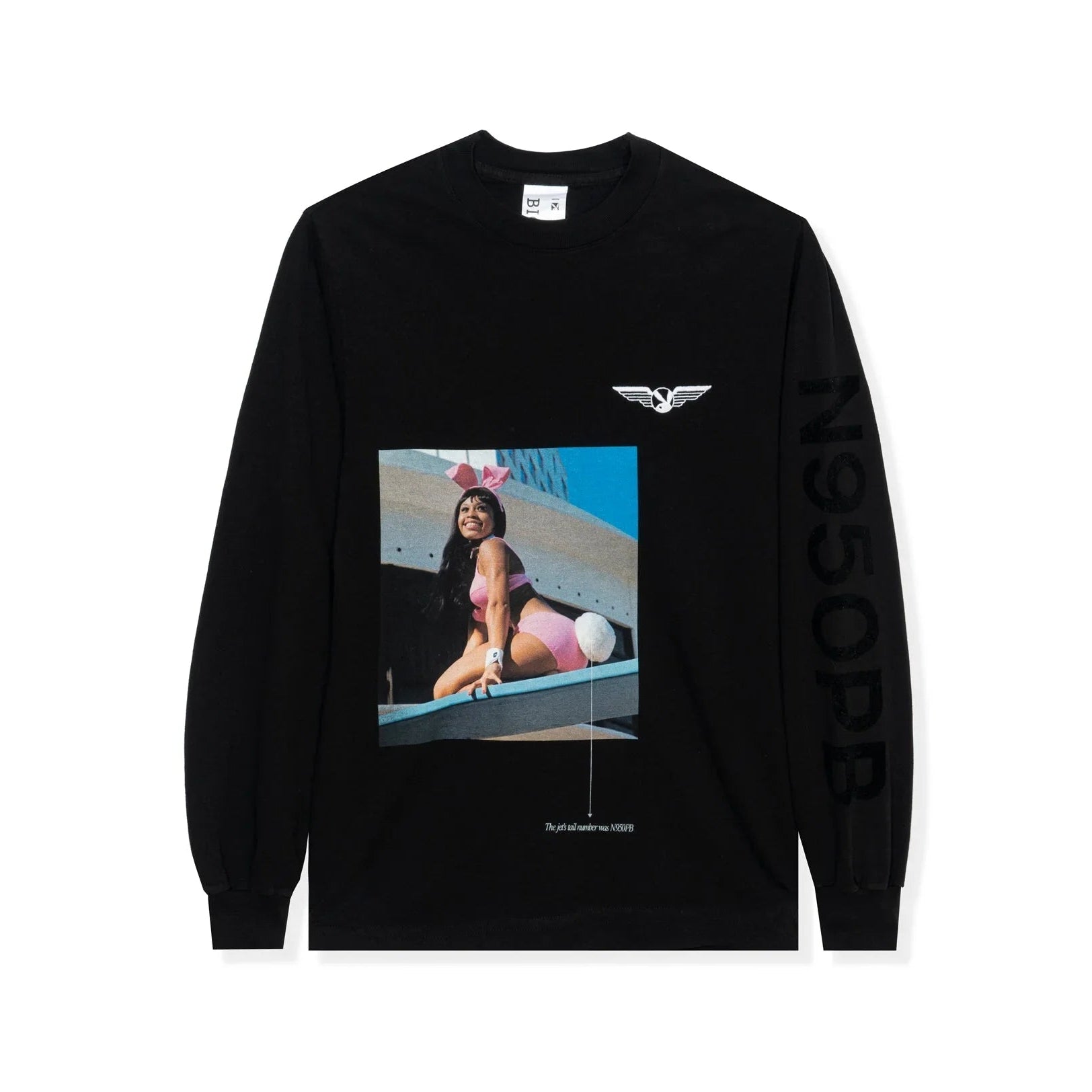 Black long sleeve shirt with vintage pin-up bunny girl graphic, aviation wings logo, and N950PB text sleeve
