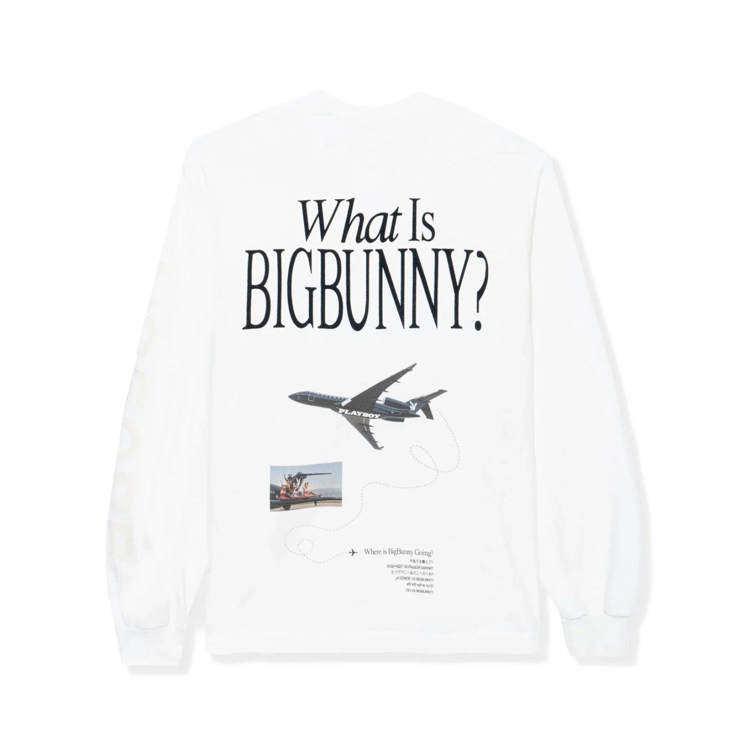 White long sleeve shirt with 'What Is BIGBUNNY?' text, airplane graphic, and small photo on back