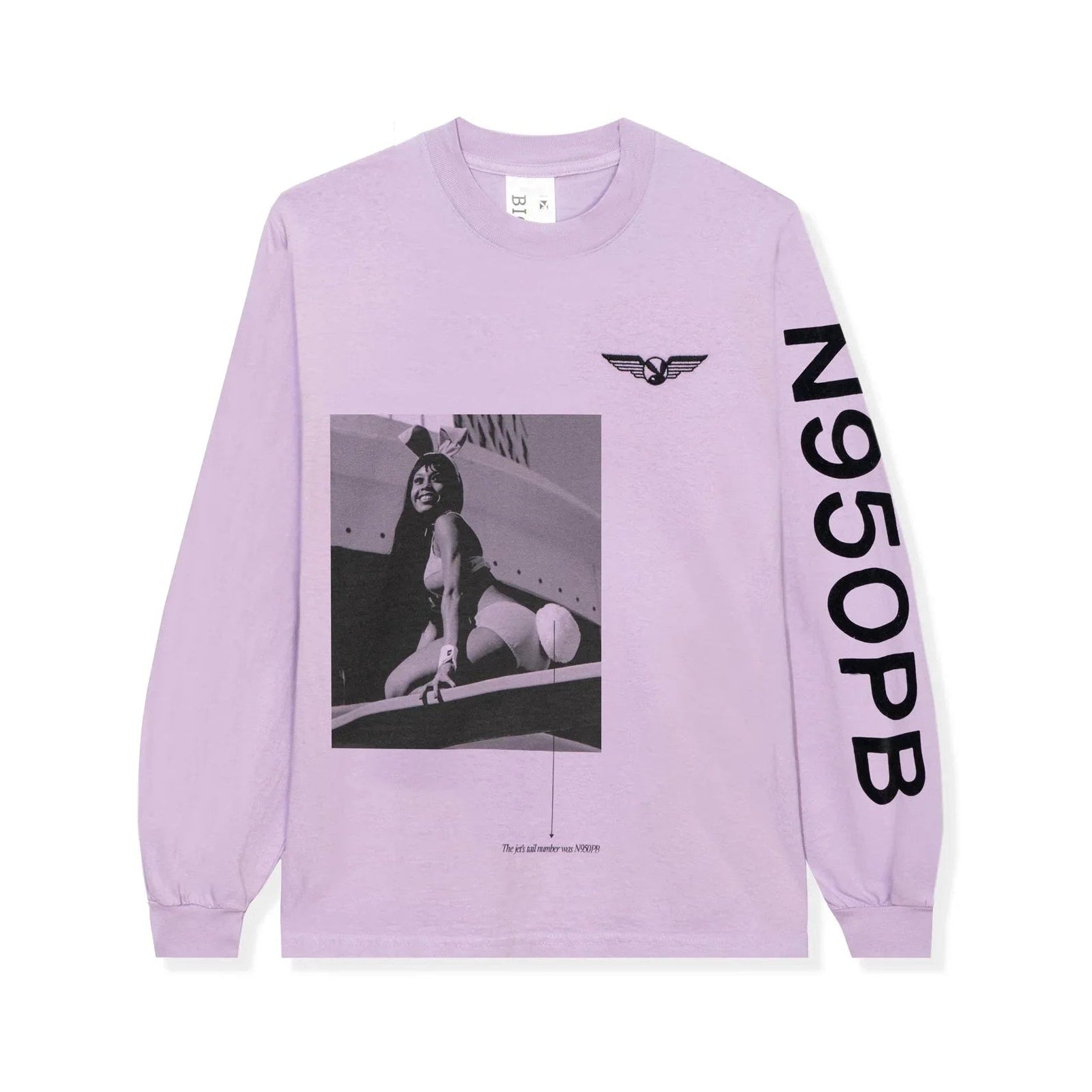 Lavender long sleeve t-shirt with aviation wings logo, vintage photo graphic, and N950PB text.