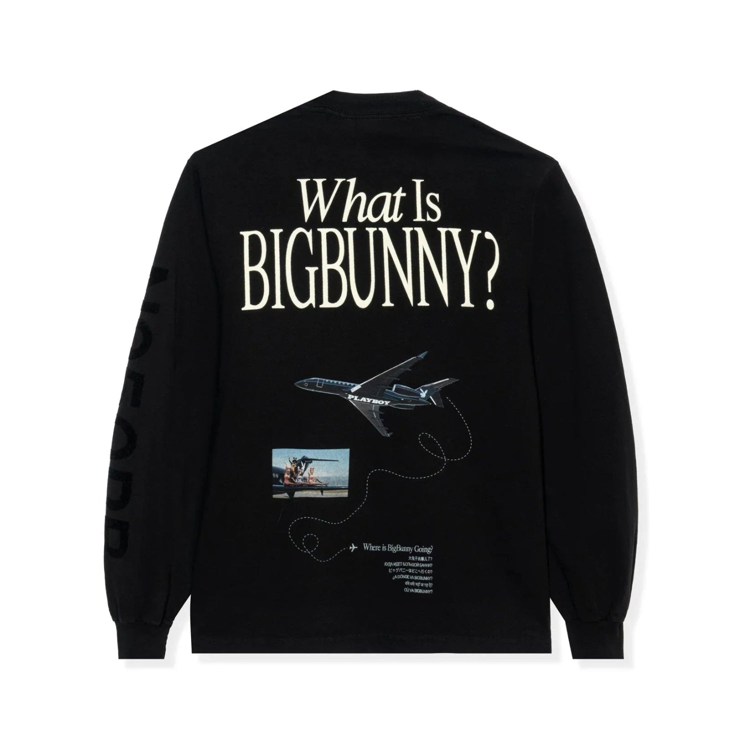 Black long sleeve shirt with 'What Is BIGBUNNY?' text, airplane graphic, and photo print.