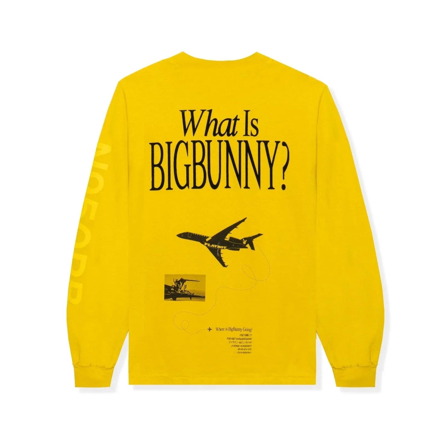 Yellow long sleeve shirt with black airplane and 'What Is Big Bunny?' text on the back