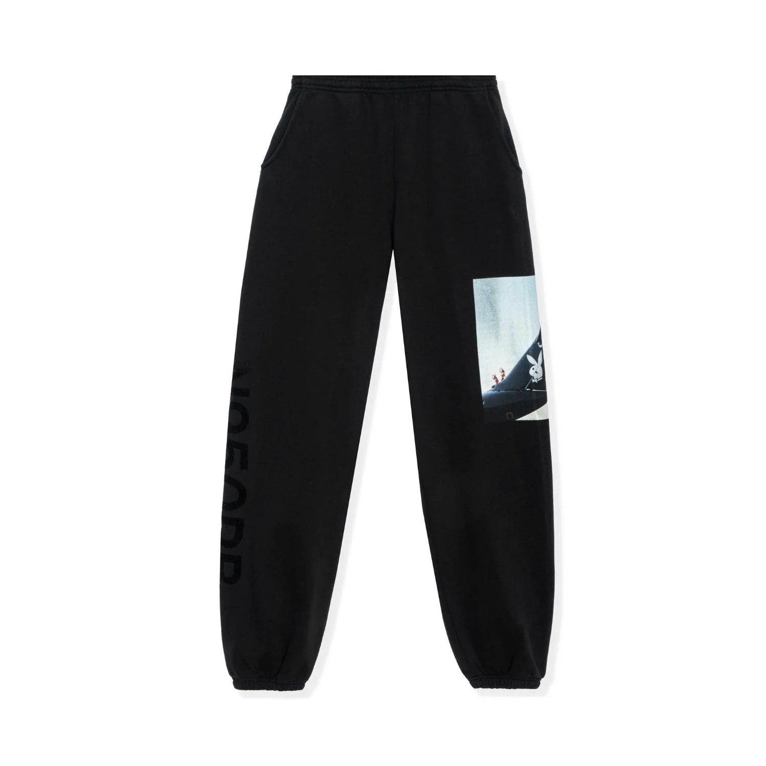 Black sweatpants with aviation wings and airplane graphic on left leg, elastic cuffs
