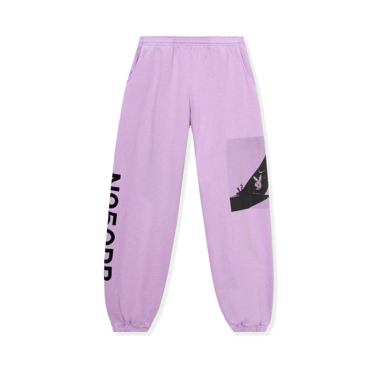 Lavender sweatpants with black aviation wings graphic and bold text, elastic cuffs, side pockets