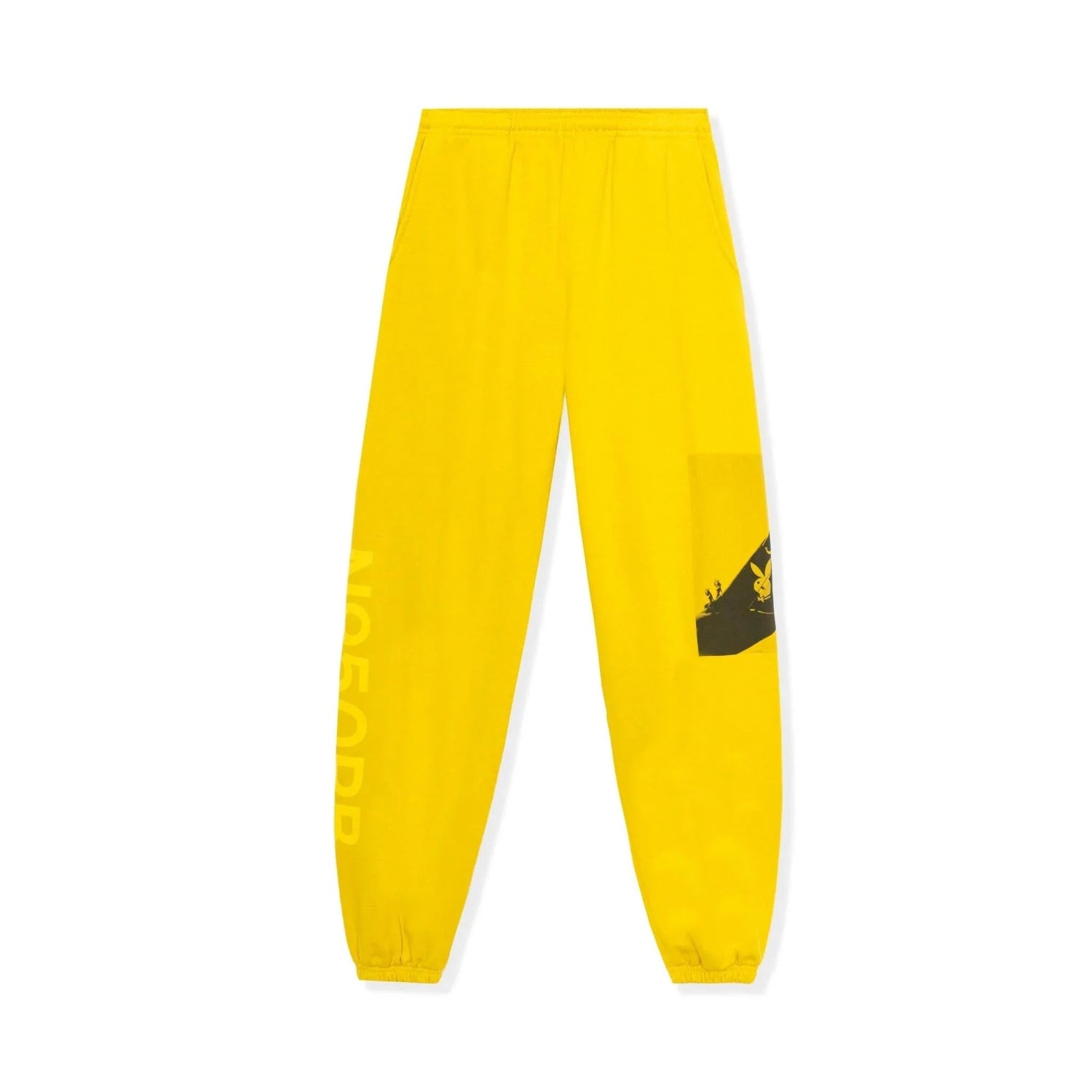 Yellow sweatpants with aviation-inspired graphics and side logo, elastic waistband and cuffs.
