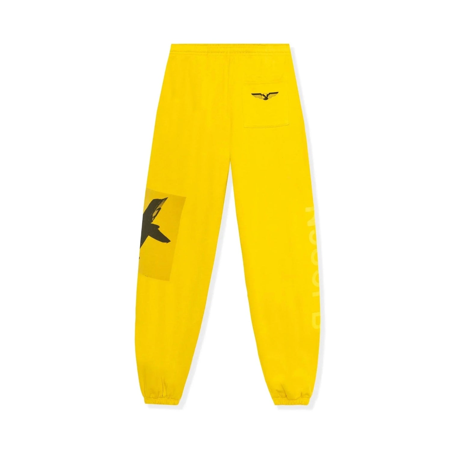 Yellow sweatpants with black aviation wings graphic and pocket design on the front.