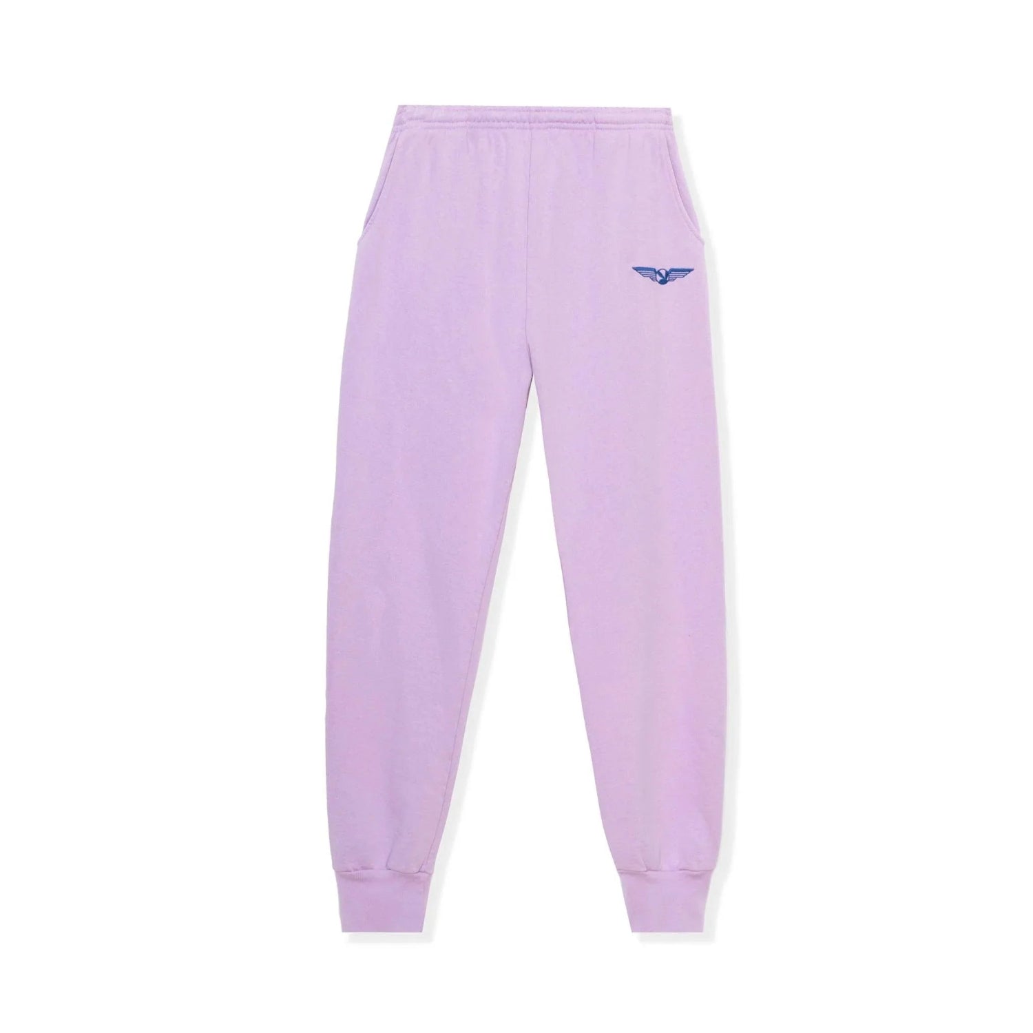 Light purple sweatpants with blue aviation wings logo, elastic waist and ankle cuffs