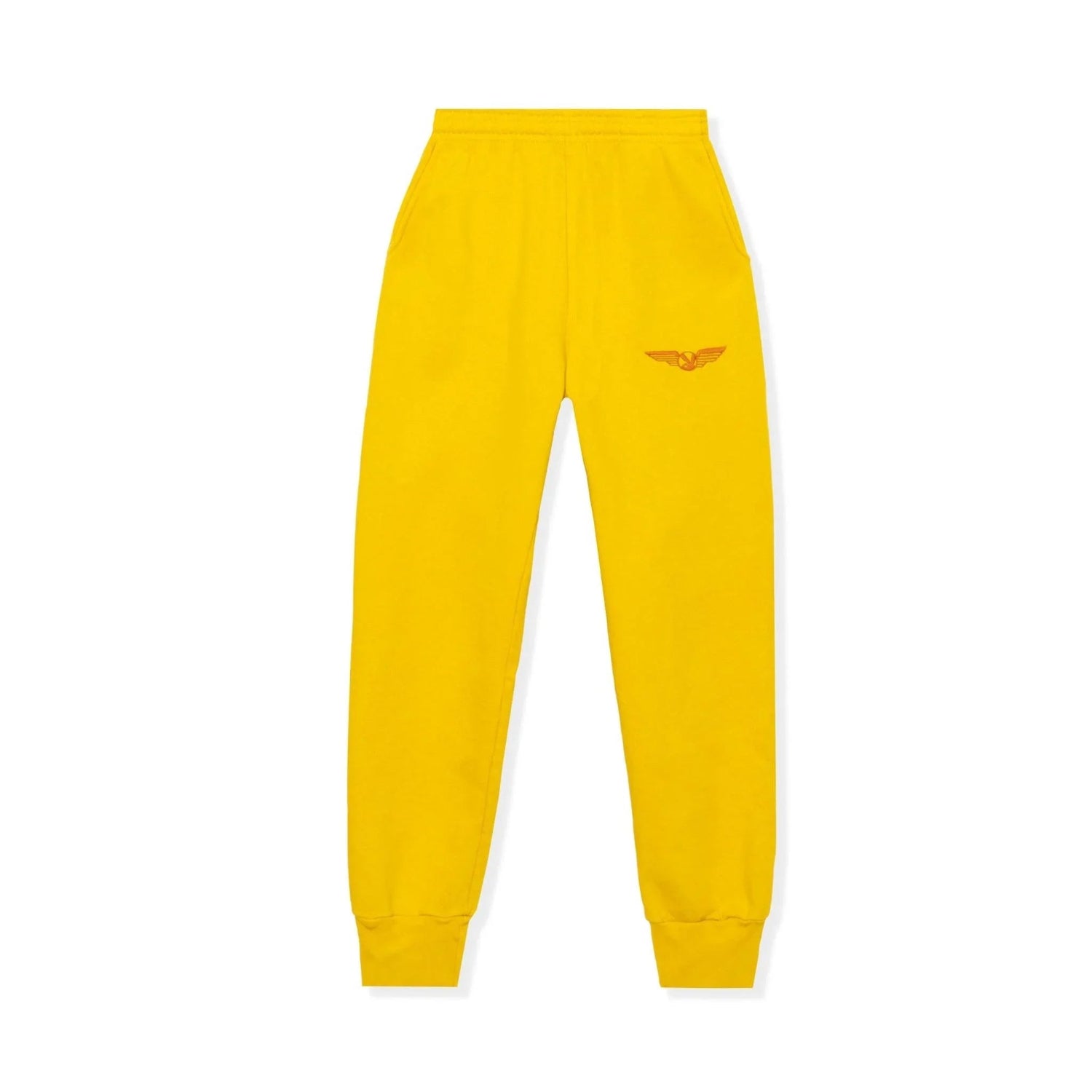 Yellow sweatpants with red aviation wings logo, elastic waistband and cuffs, flat lay.