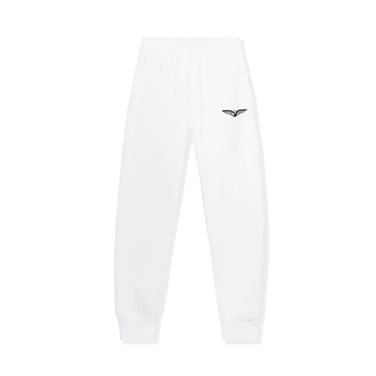 White sweatpants with black aviation wings logo on hip, elastic waistband and cuffs.