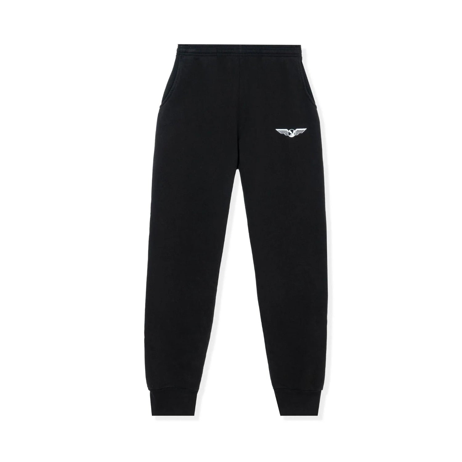 Black sweatpants with white aviation wings logo on hip, elastic waistband and cuffs
