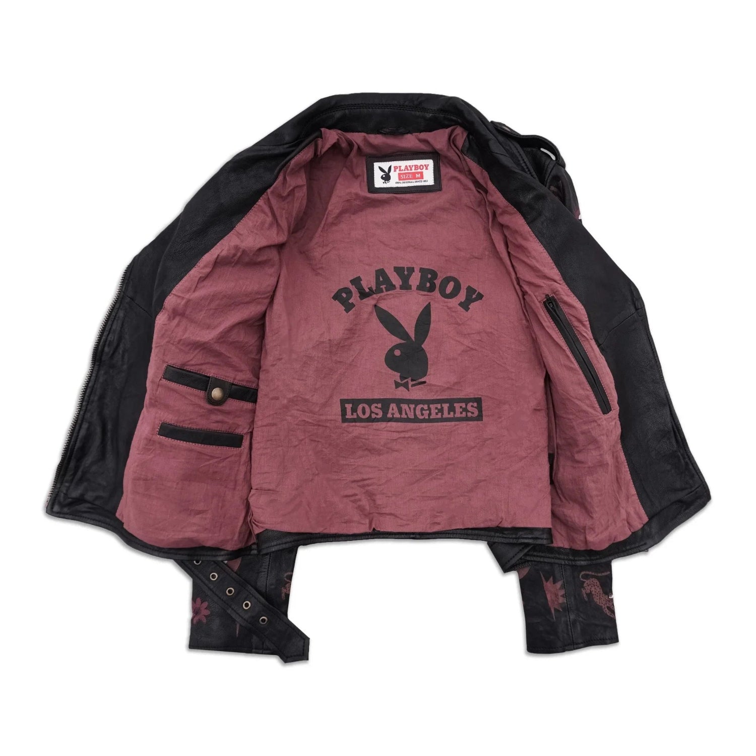 Women's black leather jacket with maroon lining, Playboy bunny and Los Angeles text inside.