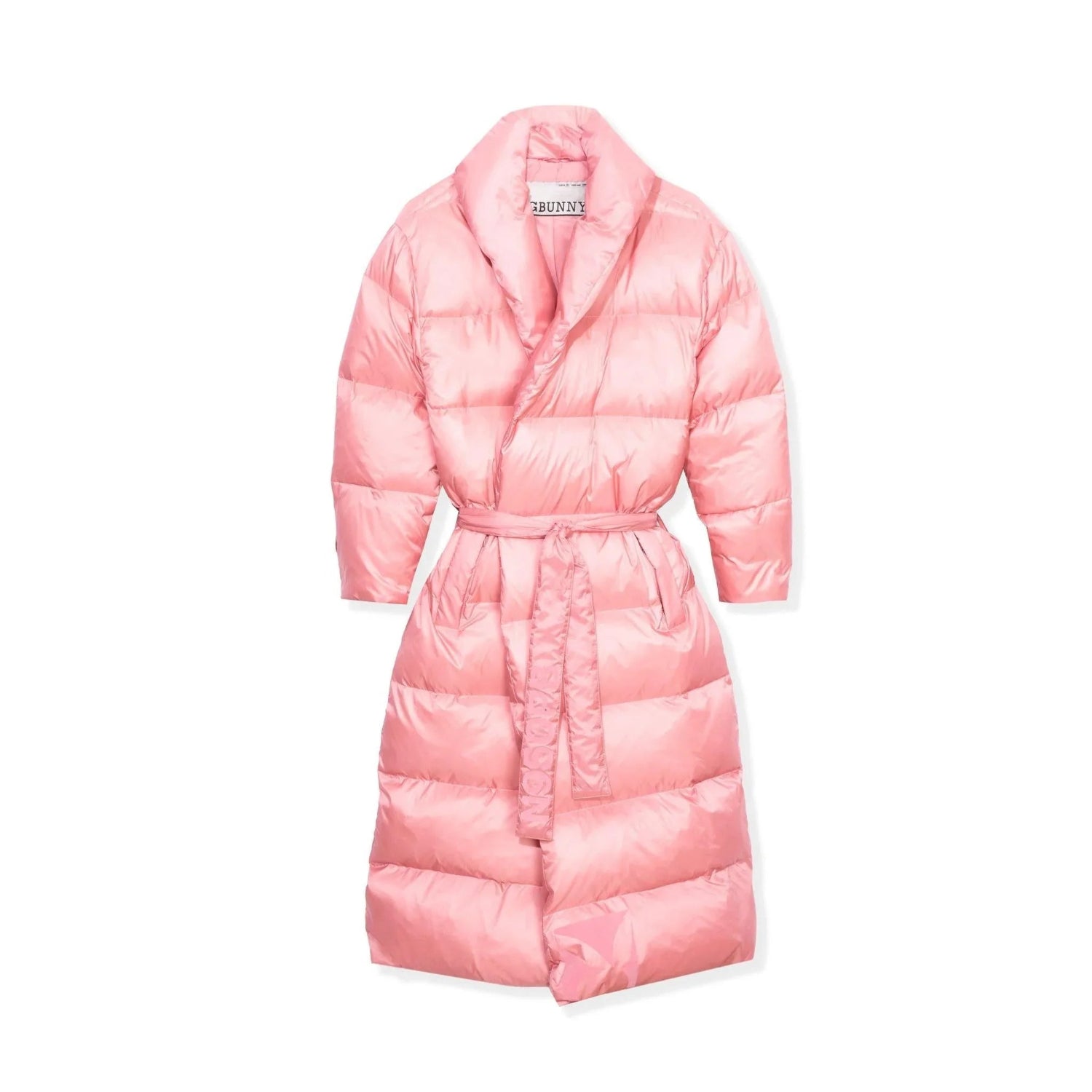 Pink belted long puffer jacket with quilted design and shawl collar on white background
