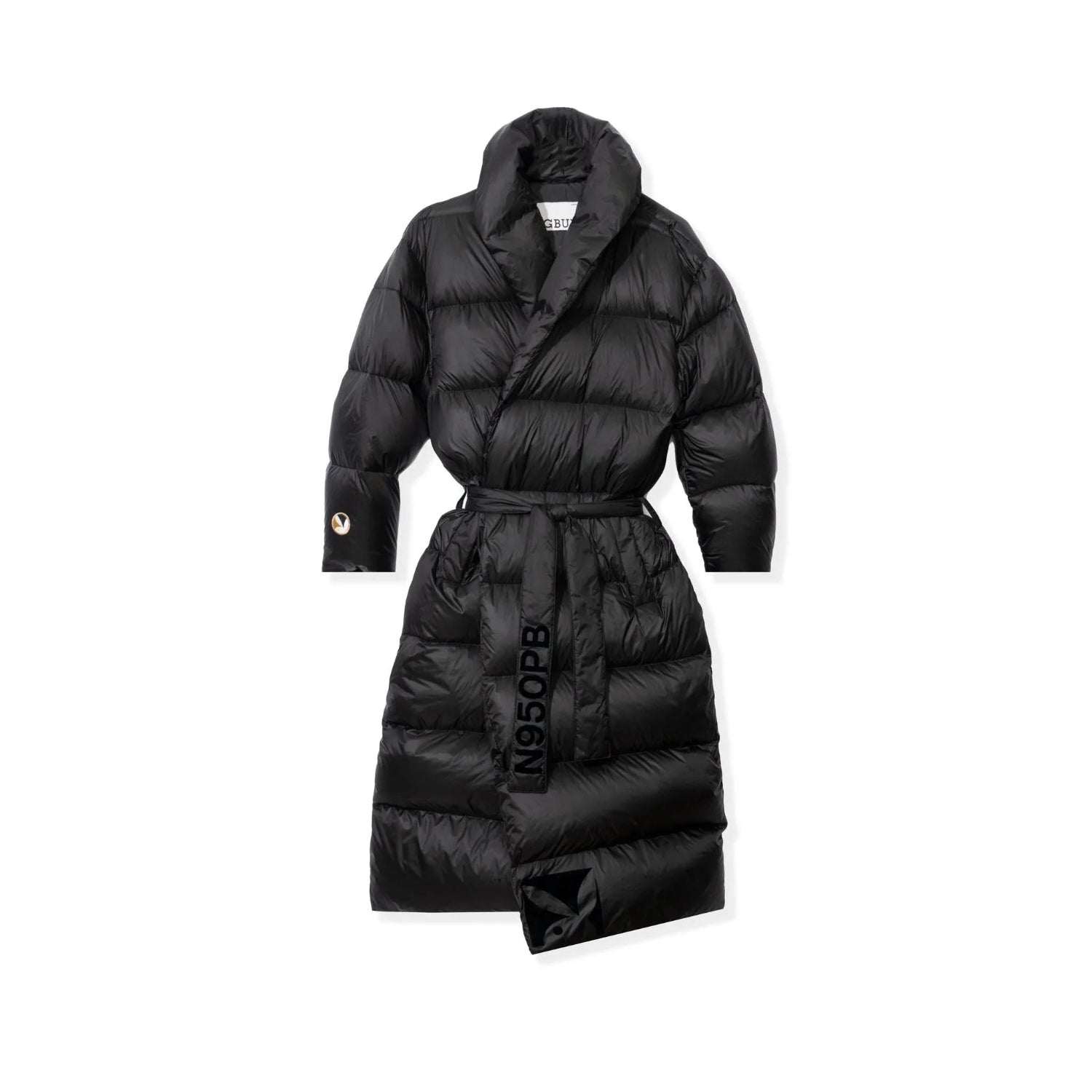 Black belted long puffer jacket with quilted design and logo accents on sleeve and belt.