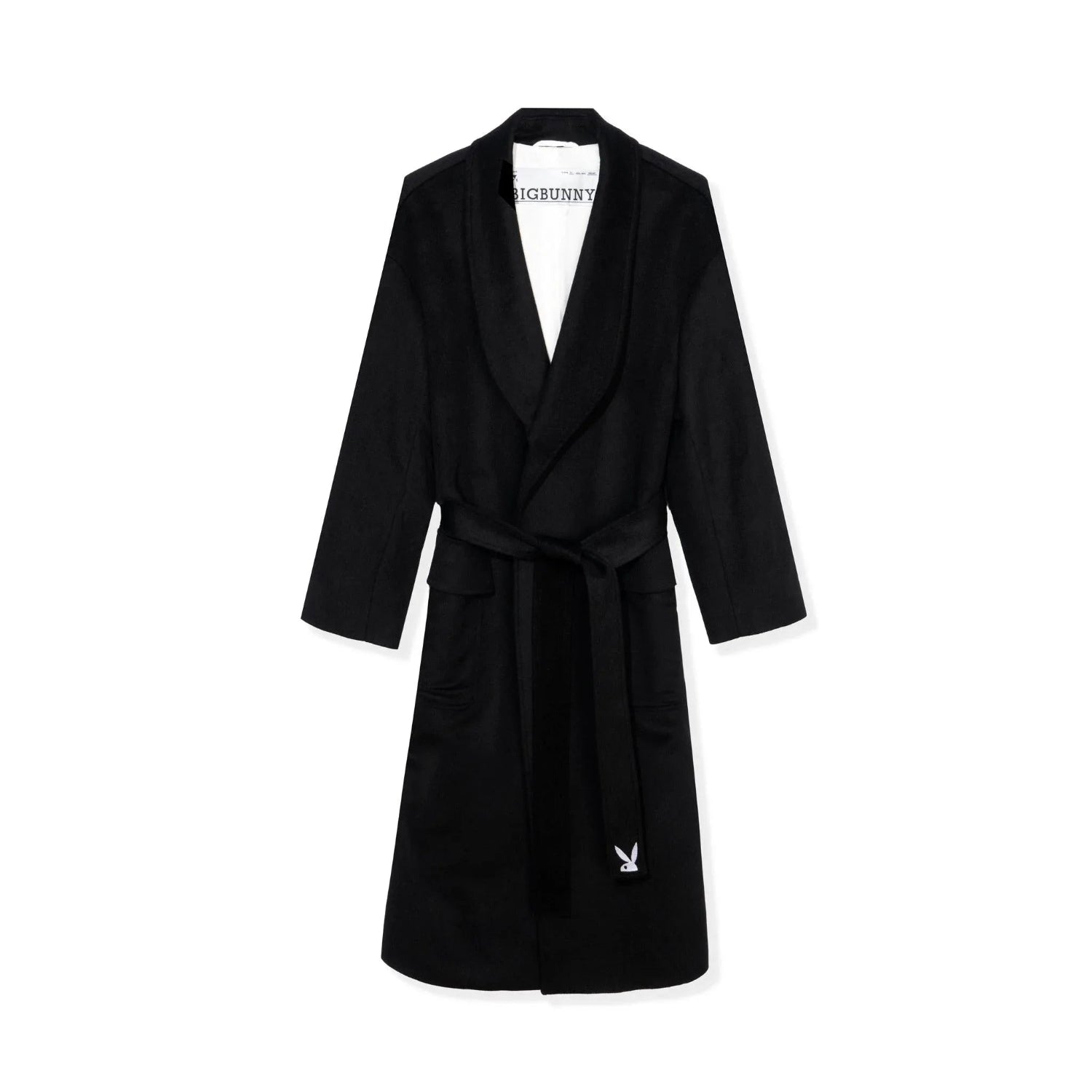 Black belted long wool robe coat with shawl collar and embroidered bunny logo on pocket.