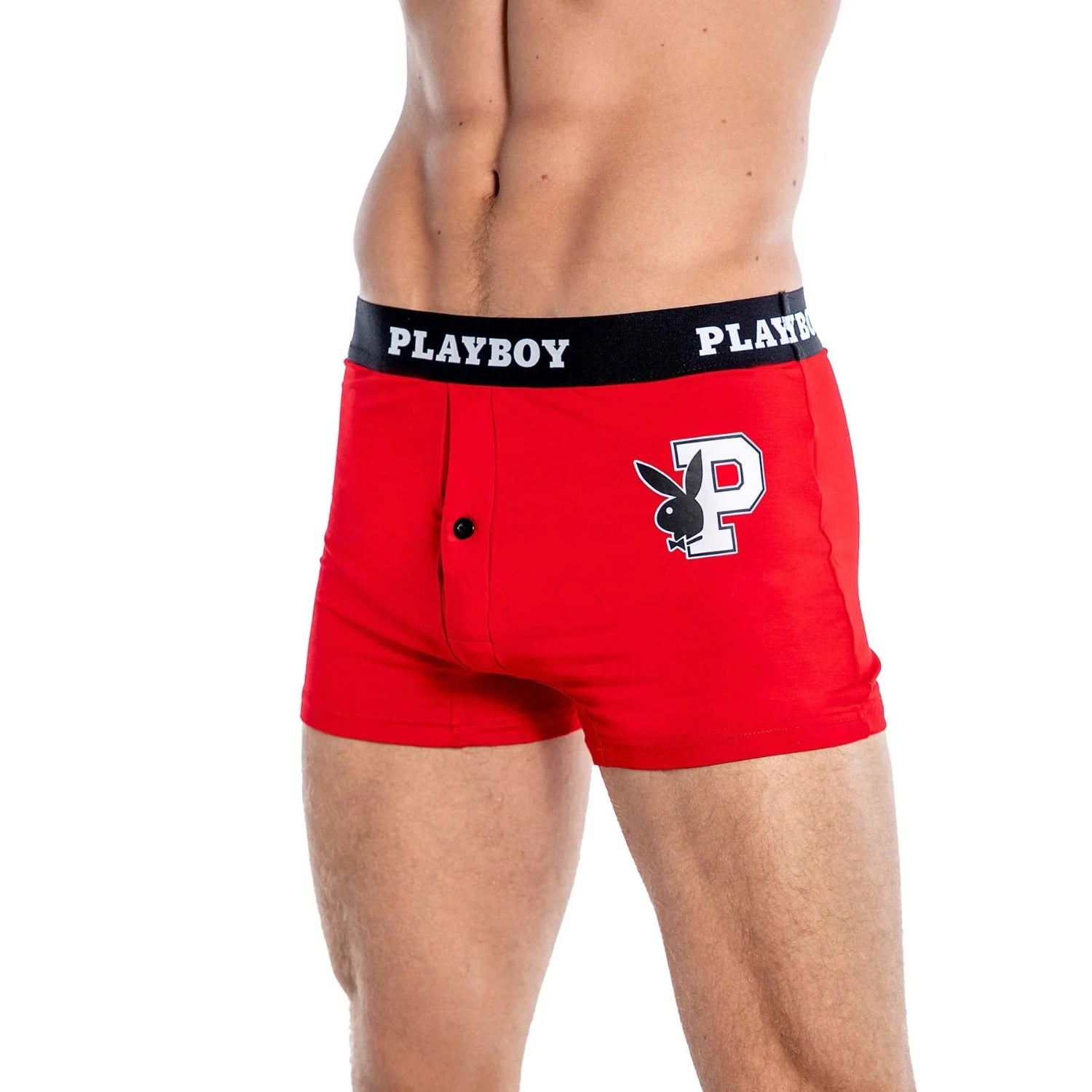 Red men's boxer briefs with black waistband and graphic logo on the left thigh