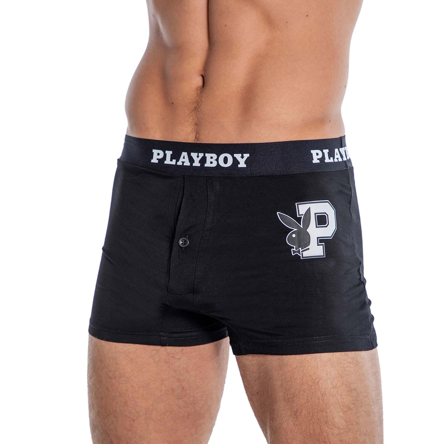 Black men's boxer briefs with front button, elastic logo waistband, and printed graphic