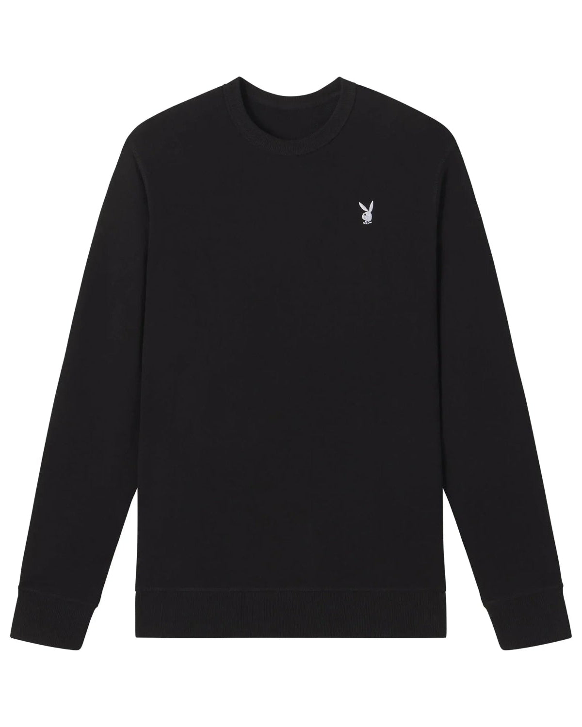 Black crewneck sweatshirt with small white bunny logo on chest, long sleeves, unisex style