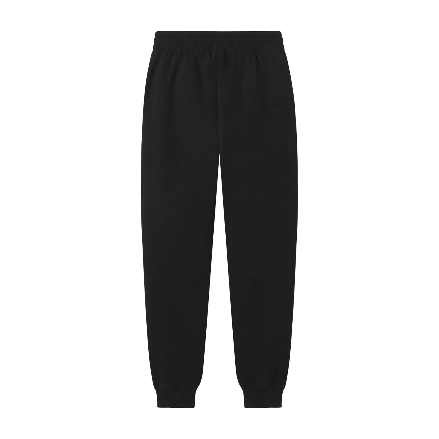 Black basic sweatpants with elastic waistband and cuffs, laid flat on white background