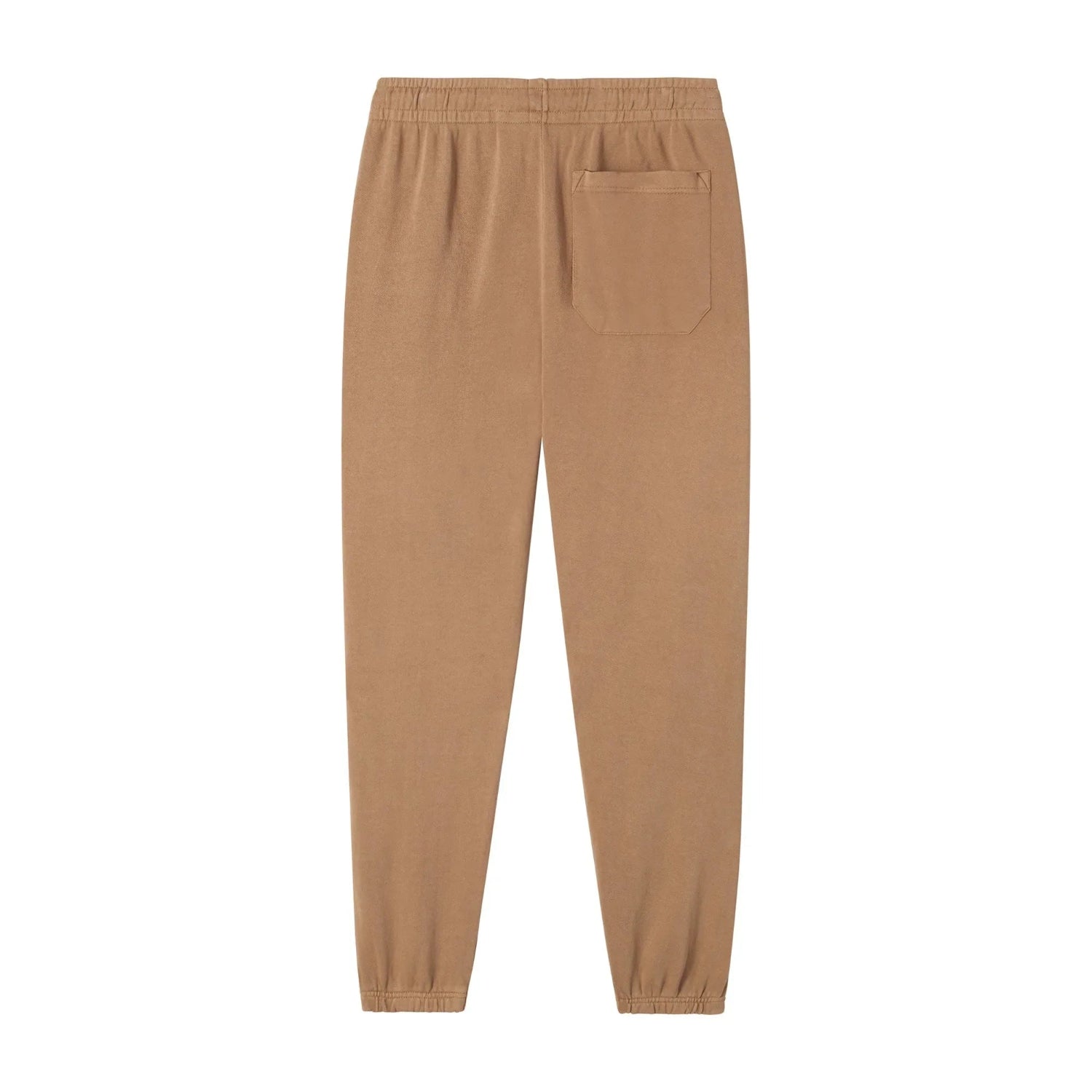 Light brown sweatpants with elastic waistband, back pocket, and cuffed ankles, flat lay