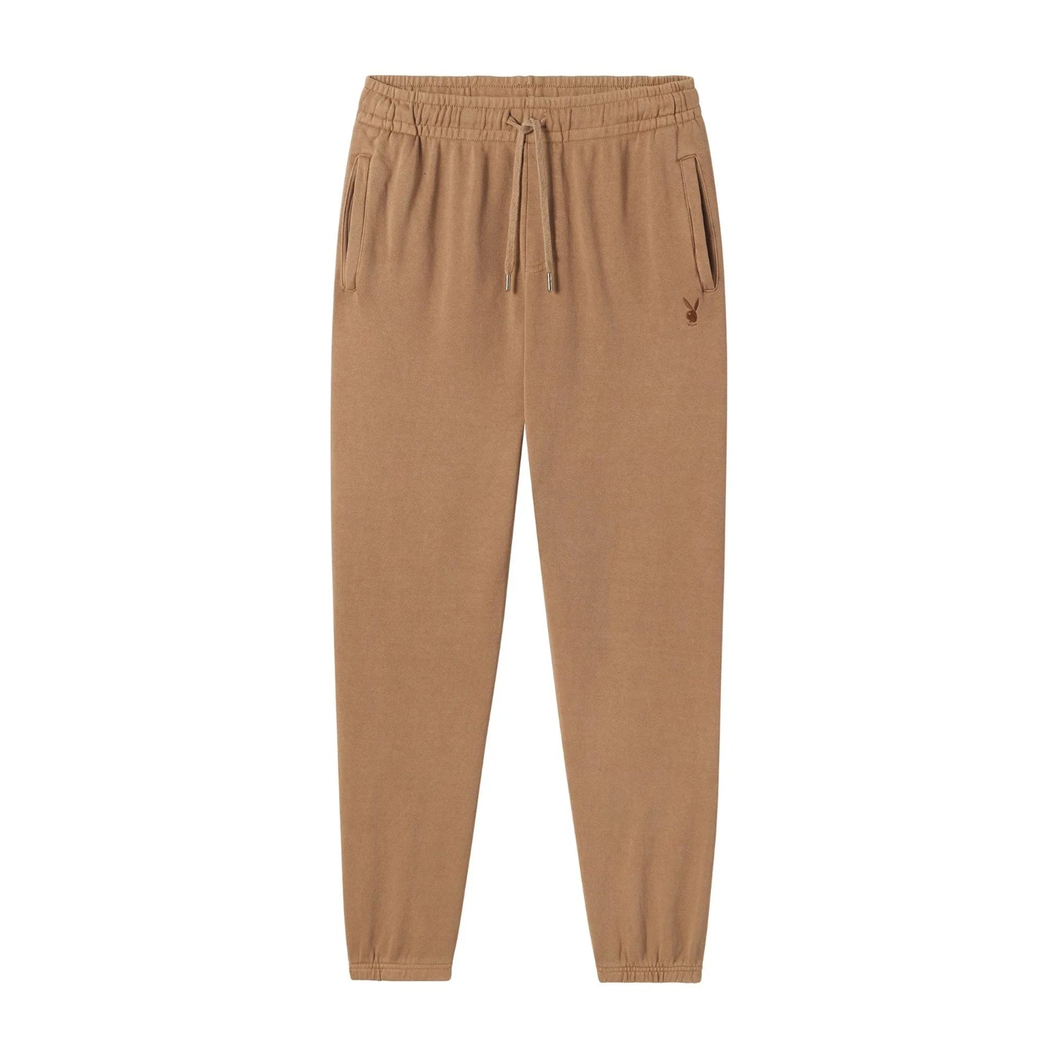 Tan sweatpants with elastic waistband, drawstring, side pockets, and embroidered bunny logo