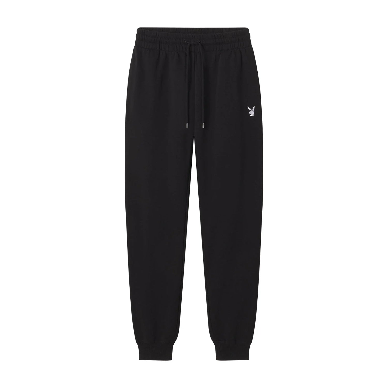 Black sweatpants with drawstring waist and embroidered bunny logo on front, unisex casual loungewear.