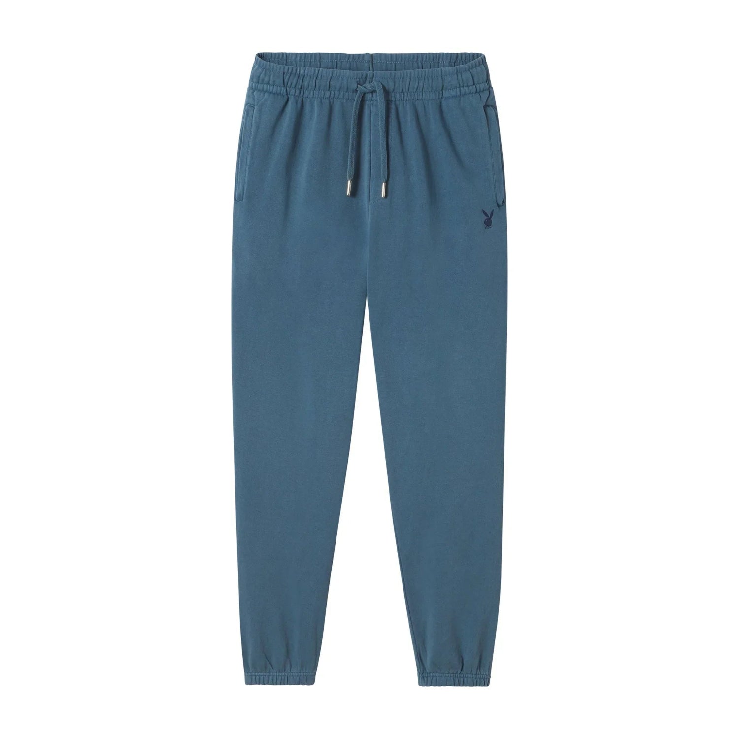 Blue sweatpants with elastic waistband, drawstring, side pockets, and small bunny logo on hip