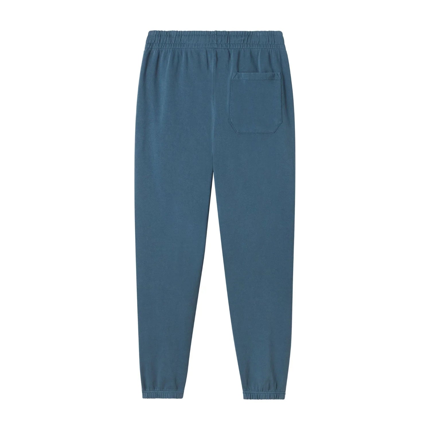 Blue sweatpants with elastic waistband, single back pocket, and cuffed ankles on white background
