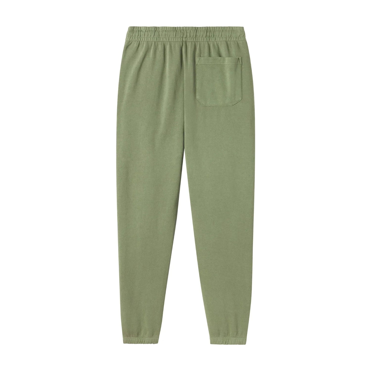 Olive green sweatpants with elastic waistband and single back pocket, flat lay