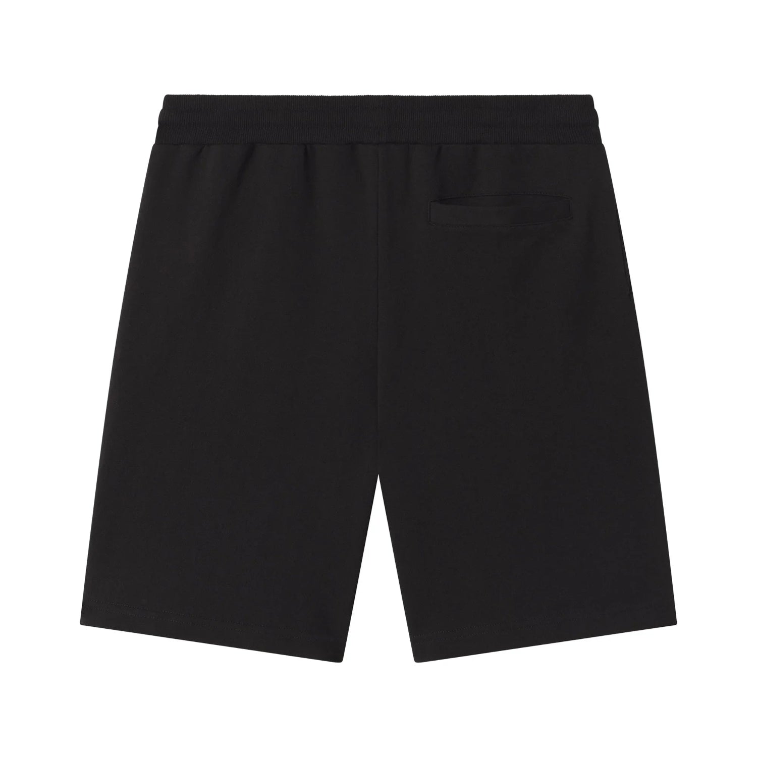 back view of basic black sweatshorts with single back pocket on plain white background